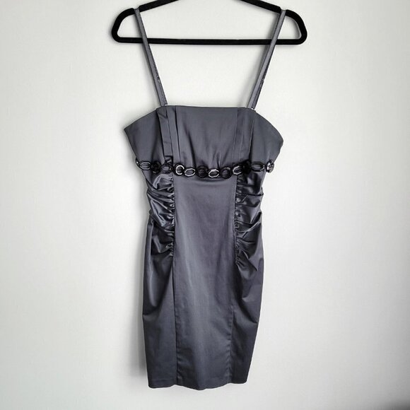 Gray Satin Cotton Blend Bodycon Ruched Waist Sleeveless Mini Dress - Picture 1 of 10